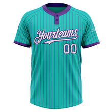 Laden Sie das Bild in den Galerie-Viewer, Custom Aqua Purple Pinstripe White Two-Button Unisex Softball Jersey
