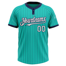 Laden Sie das Bild in den Galerie-Viewer, Custom Aqua Navy Pinstripe White Two-Button Unisex Softball Jersey
