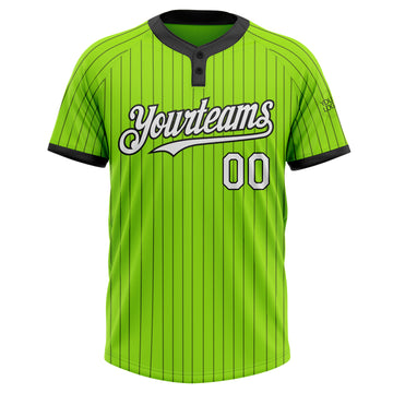 Custom Neon Green Black Pinstripe White Two-Button Unisex Softball Jersey