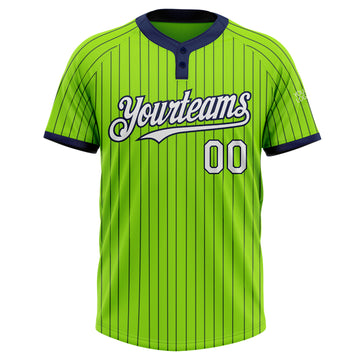 Custom Neon Green Navy Pinstripe White Two-Button Unisex Softball Jersey