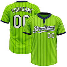 Laden Sie das Bild in den Galerie-Viewer, Custom Neon Green Navy Pinstripe White Two-Button Unisex Softball Jersey
