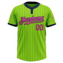 Laden Sie das Bild in den Galerie-Viewer, Custom Neon Green Navy Pinstripe Pink Two-Button Unisex Softball Jersey
