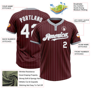 Custom Burgundy Gray Pinstripe White Two-Button Unisex Softball Jersey