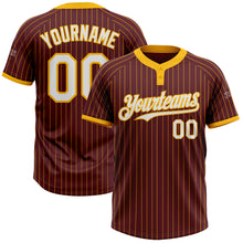 Laden Sie das Bild in den Galerie-Viewer, Custom Burgundy Gold Pinstripe White Two-Button Unisex Softball Jersey
