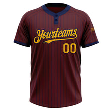 Laden Sie das Bild in den Galerie-Viewer, Custom Burgundy Navy Pinstripe Gold Two-Button Unisex Softball Jersey
