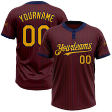 Laden Sie das Bild in den Galerie-Viewer, Custom Burgundy Navy Pinstripe Gold Two-Button Unisex Softball Jersey
