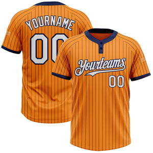 Custom Bay Orange Navy Pinstripe White Two-Button Unisex Softball Jersey