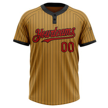 Load image into Gallery viewer, Custom Old Gold Black Pinstripe Red Two-Button Unisex Softball Jersey
