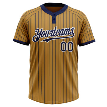 Custom Old Gold Navy Pinstripe White Two-Button Unisex Softball Jersey