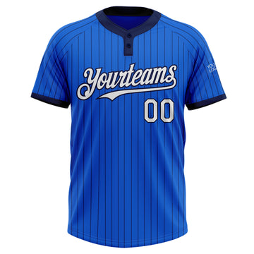 Custom Thunder Blue Navy Pinstripe White Two-Button Unisex Softball Jersey