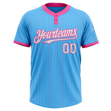 Laden Sie das Bild in den Galerie-Viewer, Custom Sky Blue Pink Pinstripe White Two-Button Unisex Softball Jersey
