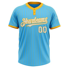 Load image into Gallery viewer, Custom Sky Blue Gold Pinstripe White Two-Button Unisex Softball Jersey
