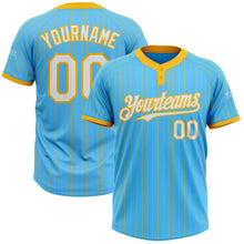 Load image into Gallery viewer, Custom Sky Blue Gold Pinstripe White Two-Button Unisex Softball Jersey
