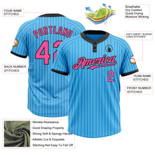 Load image into Gallery viewer, Custom Sky Blue Black Pinstripe Pink Two-Button Unisex Softball Jersey
