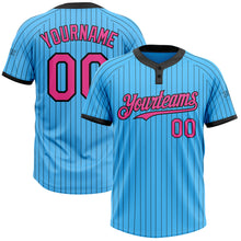 Load image into Gallery viewer, Custom Sky Blue Black Pinstripe Pink Two-Button Unisex Softball Jersey
