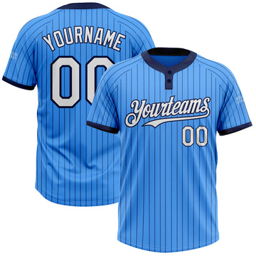 Custom Electric Blue Navy Pinstripe White Two-Button Unisex Softball Jersey