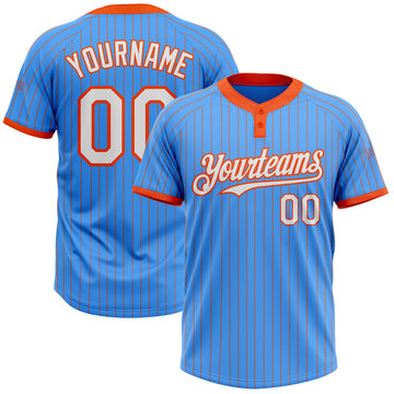 Custom Electric Blue Orange Pinstripe White Two-Button Unisex Softball Jersey