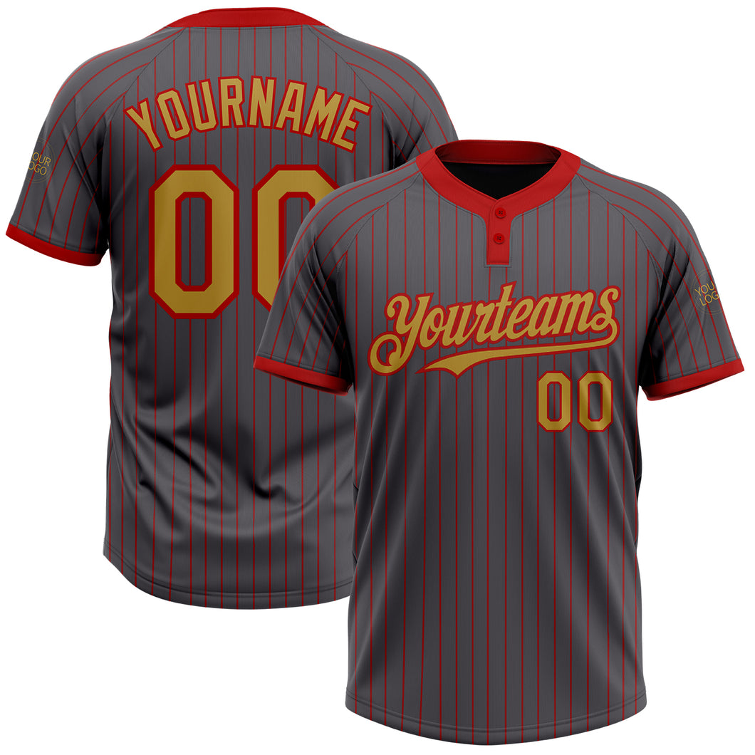 Custom Steel Gray Red Pinstripe Old Gold Two-Button Unisex Softball Jersey