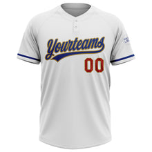 Laden Sie das Bild in den Galerie-Viewer, Custom White Royal Red-Old Gold Two-Button Unisex Softball Jersey
