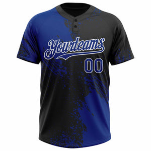 Custom Royal Black-White 3D Pattern Abstract Brush Stroke Two-Button Unisex Softball Jersey