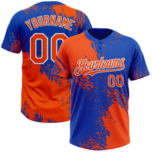 Laden Sie das Bild in den Galerie-Viewer, Custom Orange Thunder Blue-White 3D Pattern Abstract Brush Stroke Two-Button Unisex Softball Jersey
