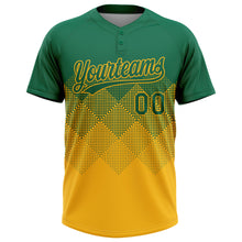Загрузить изображение в средство просмотра галереи, Custom Kelly Green Gold 3D Gradient Square Shape Two-Button Unisex Softball Jersey
