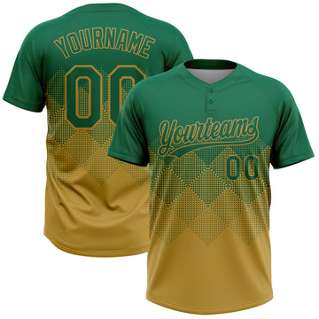 Custom Kelly Green Old Gold 3D Gradient Square Shape Two-Button Unisex Softball Jersey