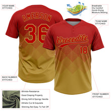 Laden Sie das Bild in den Galerie-Viewer, Custom Red Old Gold 3D Gradient Square Shape Two-Button Unisex Softball Jersey
