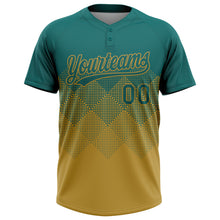 Загрузить изображение в средство просмотра галереи, Custom Teal Old Gold 3D Gradient Square Shape Two-Button Unisex Softball Jersey
