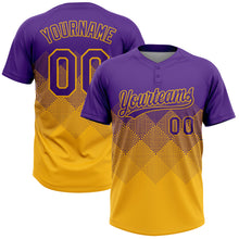Laden Sie das Bild in den Galerie-Viewer, Custom Purple Gold 3D Gradient Square Shape Two-Button Unisex Softball Jersey
