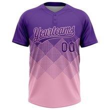 Laden Sie das Bild in den Galerie-Viewer, Custom Purple Light Pink 3D Gradient Square Shape Two-Button Unisex Softball Jersey
