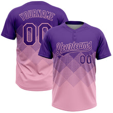 Laden Sie das Bild in den Galerie-Viewer, Custom Purple Light Pink 3D Gradient Square Shape Two-Button Unisex Softball Jersey
