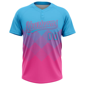 Custom Sky Blue Pink 3D Gradient Square Shape Two-Button Unisex Softball Jersey