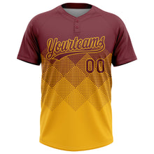 Laden Sie das Bild in den Galerie-Viewer, Custom Burgundy Gold 3D Gradient Square Shape Two-Button Unisex Softball Jersey
