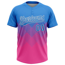 Laden Sie das Bild in den Galerie-Viewer, Custom Electric Blue Pink-White 3D Gradient Square Shape Two-Button Unisex Softball Jersey

