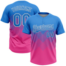 Laden Sie das Bild in den Galerie-Viewer, Custom Electric Blue Pink-White 3D Gradient Square Shape Two-Button Unisex Softball Jersey
