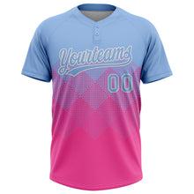 Load image into Gallery viewer, Custom Light Blue Pink-White 3D Gradient Square Shape Two-Button Unisex Softball Jersey
