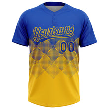 Laden Sie das Bild in den Galerie-Viewer, Custom Thunder Blue Yellow 3D Gradient Square Shape Two-Button Unisex Softball Jersey
