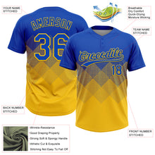 Laden Sie das Bild in den Galerie-Viewer, Custom Thunder Blue Yellow 3D Gradient Square Shape Two-Button Unisex Softball Jersey
