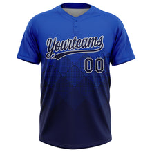 Laden Sie das Bild in den Galerie-Viewer, Custom Thunder Blue Navy-White 3D Gradient Square Shape Two-Button Unisex Softball Jersey
