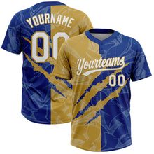 Загрузить изображение в средство просмотра галереи, Custom Graffiti Pattern White Royal-Old Gold 3D Scratch Two-Button Unisex Softball Jersey
