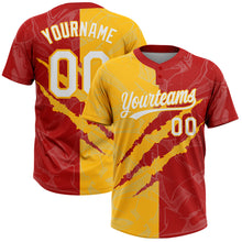 Загрузить изображение в средство просмотра галереи, Custom Graffiti Pattern White Red-Gold 3D Scratch Two-Button Unisex Softball Jersey
