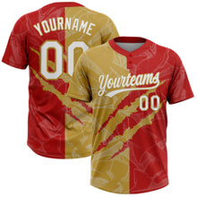 Загрузить изображение в средство просмотра галереи, Custom Graffiti Pattern White Red-Old Gold 3D Scratch Two-Button Unisex Softball Jersey
