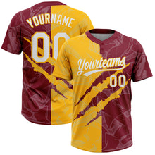 Загрузить изображение в средство просмотра галереи, Custom Graffiti Pattern White Crimson-Gold 3D Scratch Two-Button Unisex Softball Jersey
