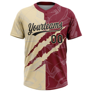 Custom Graffiti Pattern Black Crimson-Cream 3D Scratch Two-Button Unisex Softball Jersey