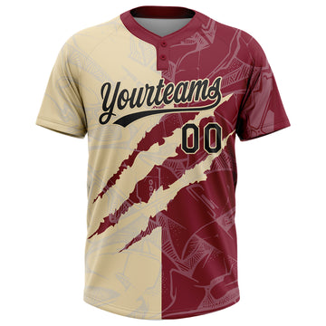 Custom Graffiti Pattern Black Crimson-Cream 3D Scratch Two-Button Unisex Softball Jersey