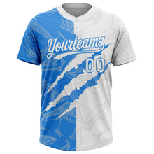 Загрузить изображение в средство просмотра галереи, Custom Graffiti Pattern White-Electric Blue 3D Scratch Two-Button Unisex Softball Jersey
