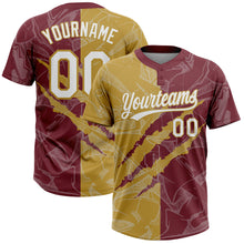 Загрузить изображение в средство просмотра галереи, Custom Graffiti Pattern White Burgundy-Old Gold 3D Scratch Two-Button Unisex Softball Jersey
