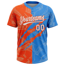 Загрузить изображение в средство просмотра галереи, Custom Graffiti Pattern White Electric Blue-Orange 3D Scratch Two-Button Unisex Softball Jersey
