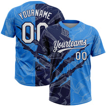 Загрузить изображение в средство просмотра галереи, Custom Graffiti Pattern White Electric Blue-Navy 3D Scratch Two-Button Unisex Softball Jersey
